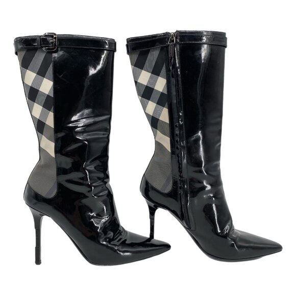 Burberry Black Chic Plaid Patent Leather Heeled Boots | Size 37.5EU - Picture 1 of 12